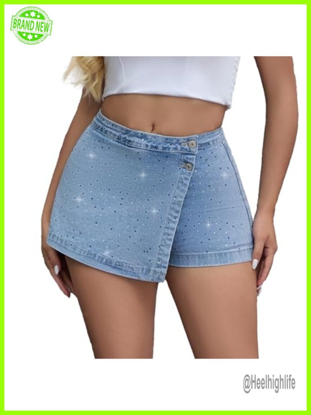 High Waisted Stretch Denim Skort Asymmetrical Rhinestone Country Concert